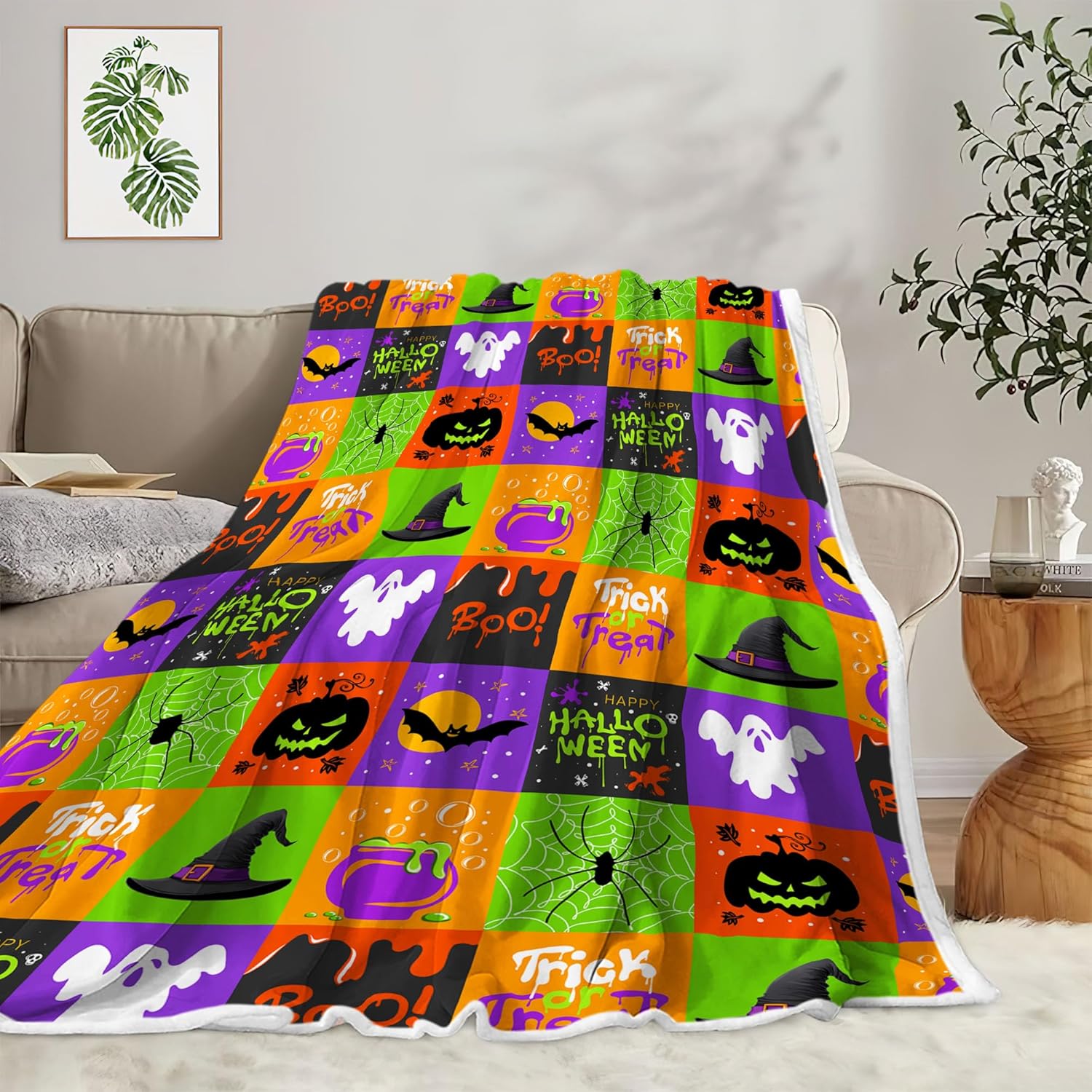 JAWO Vintage Halloween Throw Blanket, Trick or Treat Cute Cool Gothic Black Cat Pumpkin Retro Halloween Cozy Bed Couch Blanket, Soft Comfy Fleece Flannel Throws Blankets Livingroom Bedroom Decor