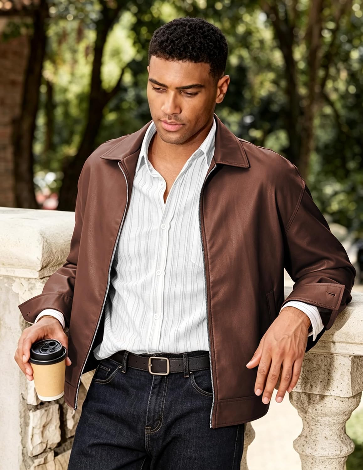 JMIERR Mens Faux Leather Jacket With Pockets Zip Up Coat Relaxed Fit