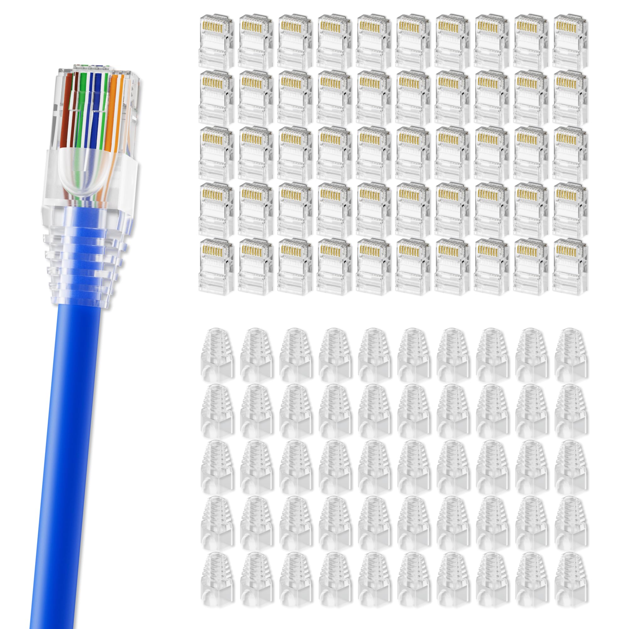 CableGeeker Lot de 100 + 100 connecteurs RJ45 – 100 prises Cat6 et 100 embouts anti-traction (transparents), fiches à sertir Ethernet standard, extrémités plaquées or pour câble Ethernet Cat5/Cat5e