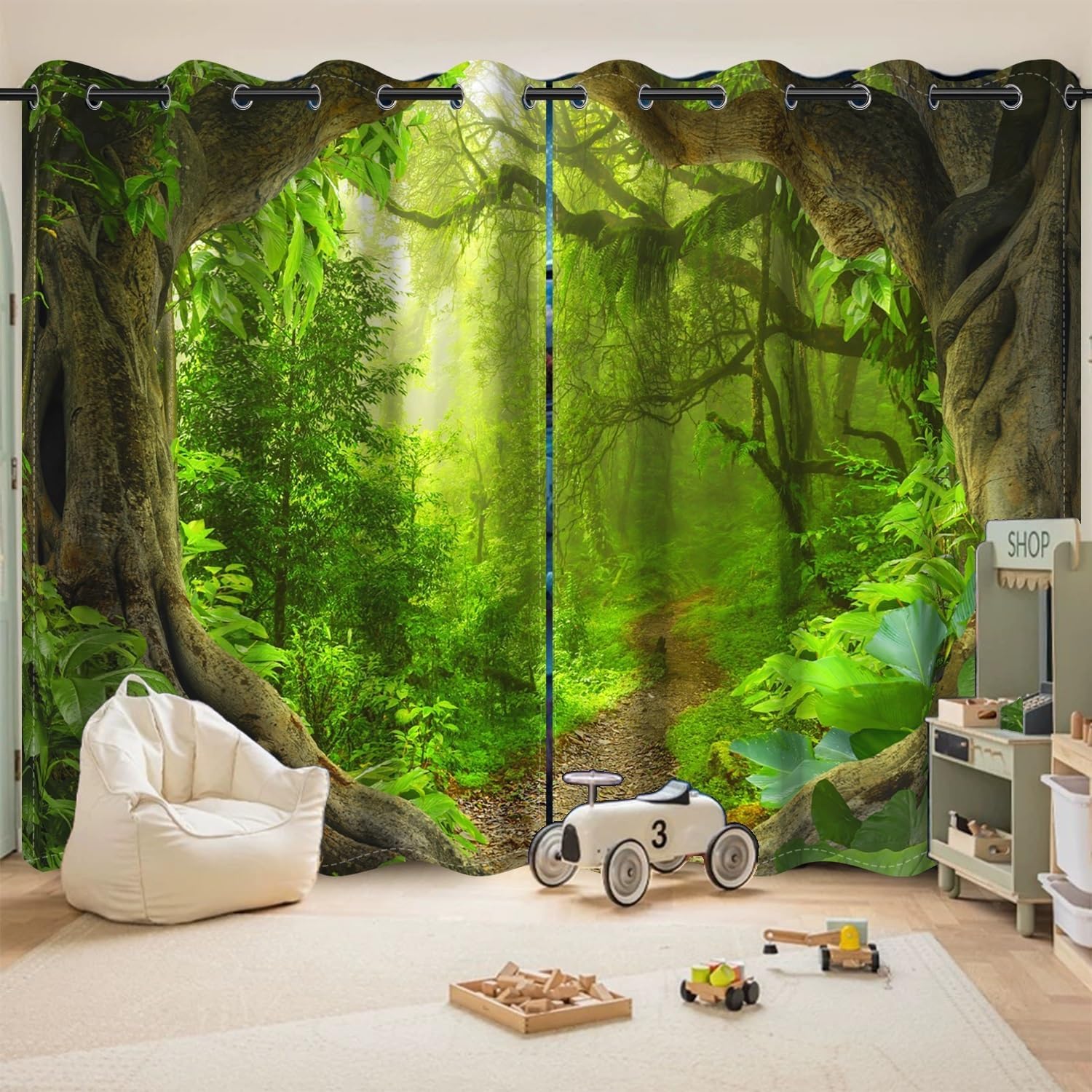 Spring Enchanted Forest Window Curtains Tropical Rainforest Green Jungle Leaves Old Trees Window Drapes 2 Panels Set for Living Room Bedroom Decor Window Treatment, 52x72 Inch