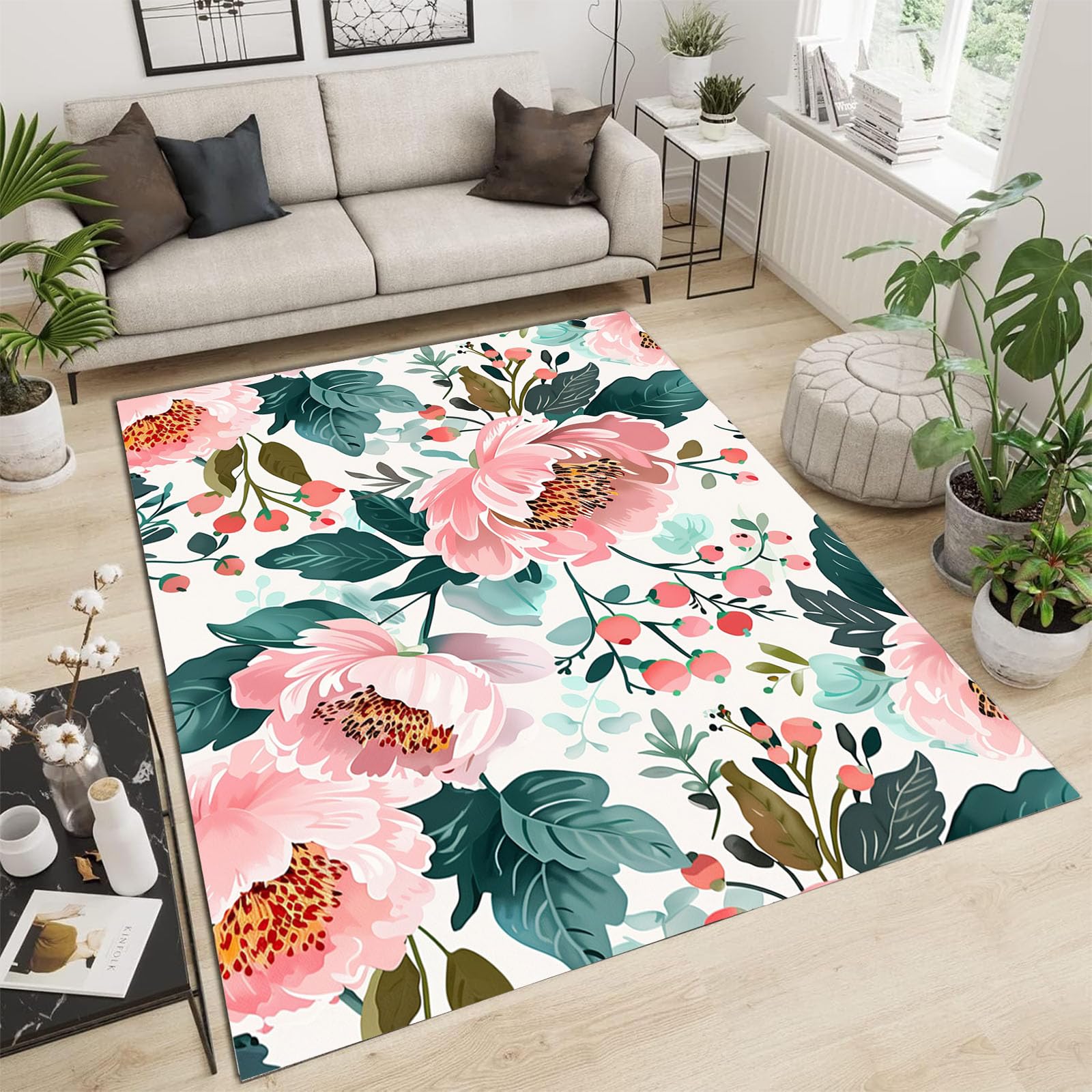 Tapis salon rose clair vintage lavable pour créer un coin lecture cocooning