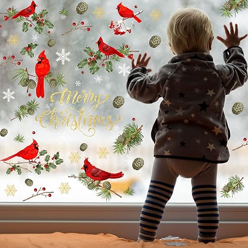 Miniatura 6 de Pegatinas de ventana de cardenal de Navidad de gran tamaño para decoración de Navidad, calcomanías de cardenal rojo, conos de pino, copos de nieve,