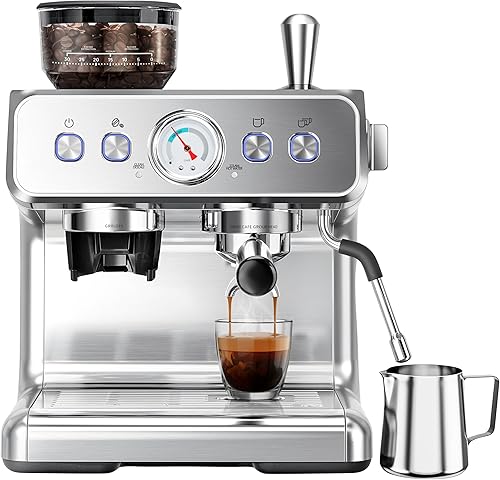 Kndko Máquina de café expreso de 20 bar con molinillo, cafetera automática de espresso con control PID y espumador de leche, tanque de agua
