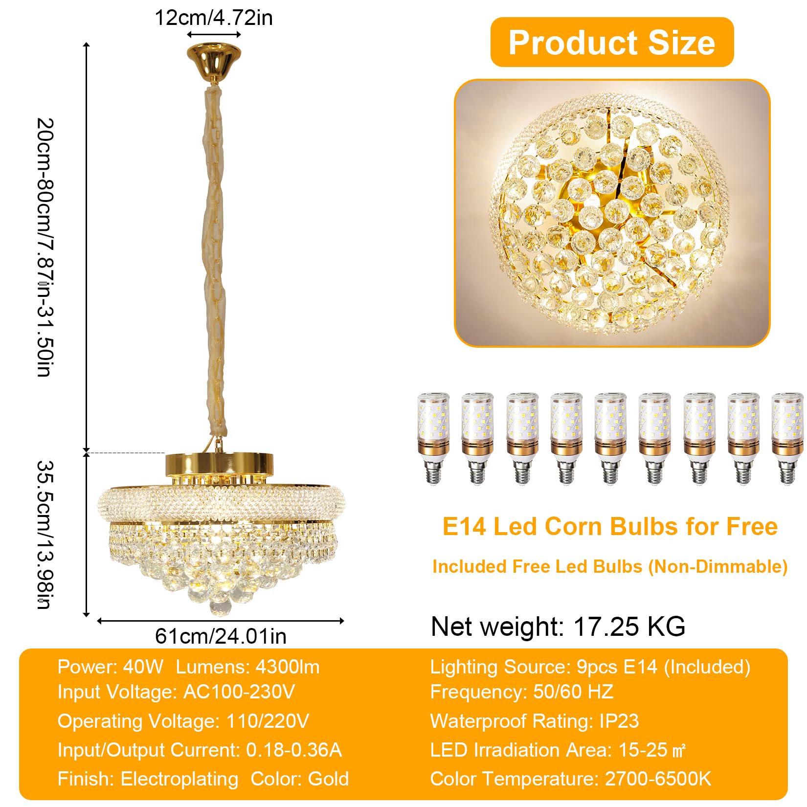 Lámpara de Araña de Cristal Moderna Dorada: Lámpara de Techo Redonda para Salón, Dormitorio, Comedor y Restaurante, Iluminación Interior de Cristal, Incluir E14 x 9, Ø 62 cm
