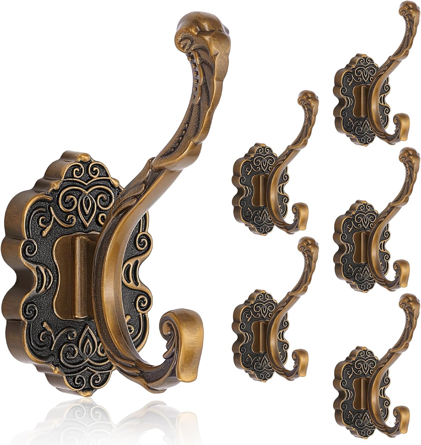 6pcs Vintage Coat Hooks Unique Wall Mount Coat Hooks for Hanging Keys Hats Scarves Robe Bags Antique Aluminum Decorative Wall Hook Hangers for Bathroom Bedroom Entryway (Antique Gold)