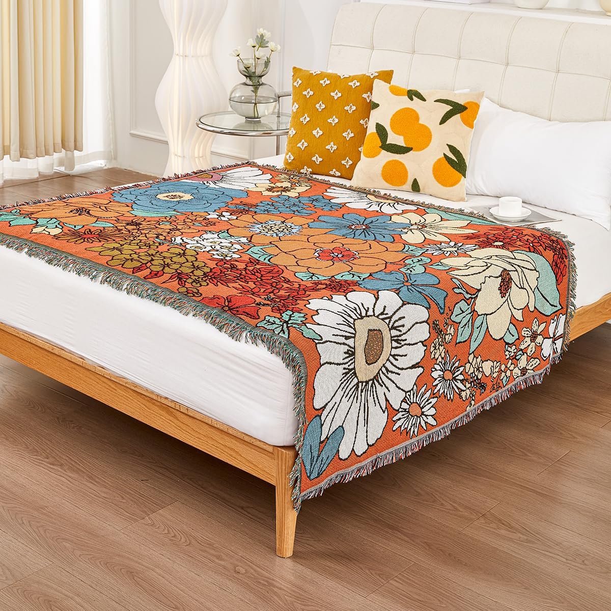Erke Chair Recliner Cover Boho Throw Blanket Hippie Living Room Decor Wall Tapestry Outdoor Picnic Camping Rug Mattress Beach Towel Sofa Furniture Slipcover Bohemian 50”x70” Orange Florals - Image 4