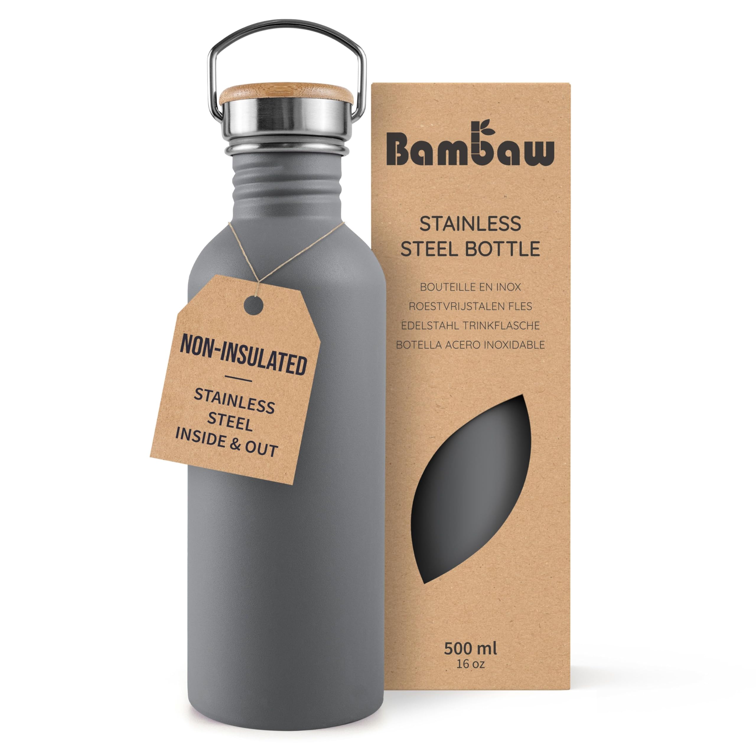 Bambaw 16 oz Water Bottle no Straw, Gray Single Wall Stainless Steel Water Bottle, Non-insulated Reusable Water Bottle BPA Free 16 oz, Small Water Bottle with Handle – Stormy Gray