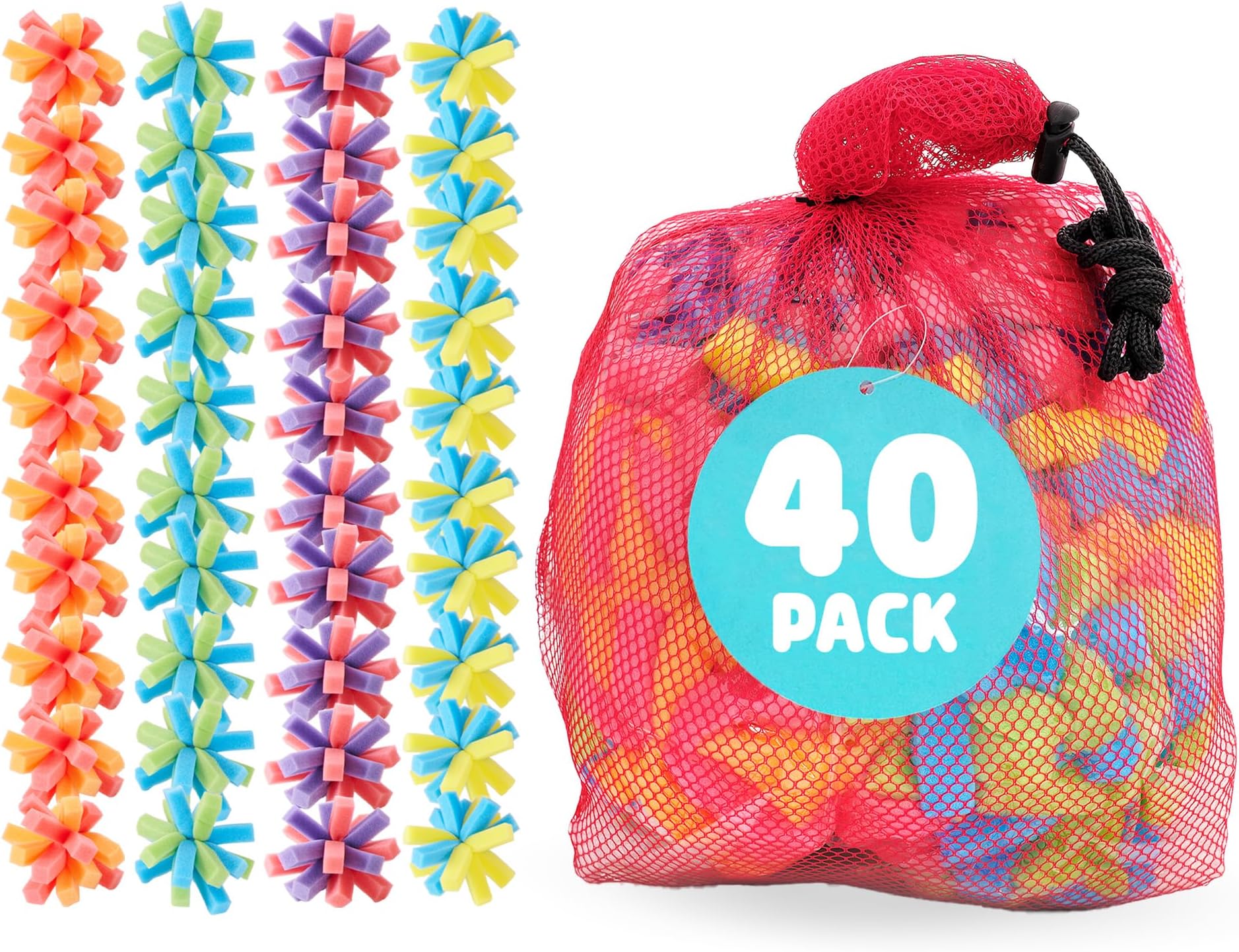 Reusable Sponge Balls - Eco-Friendly Water Balloon Alternative - Less Mess Family Outdoor Fun - Perfect for Preschool and Up! - Multicolor 40 Pack with Storage Bag