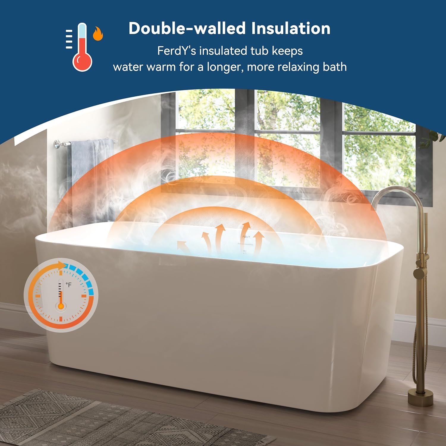 FerdY Maui 67" Acrylic Freestanding Bathtub, Contemporary Elegant Design Soaking Tub with Polished Gold Drain and Minimalist Linear Design Overflow, Easy to Install