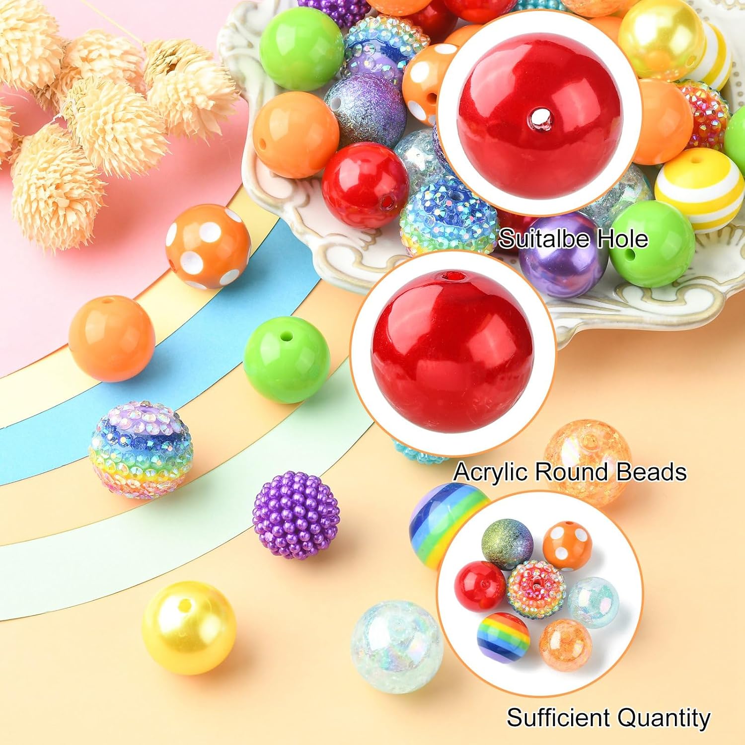 LiQunSweet 50 Pcs DIY Rainbow Candy Color Acrylic Round Spacer Beads Bracelet Necklace Making Kit with End Chain Clasp Wire for Craft Making Findings