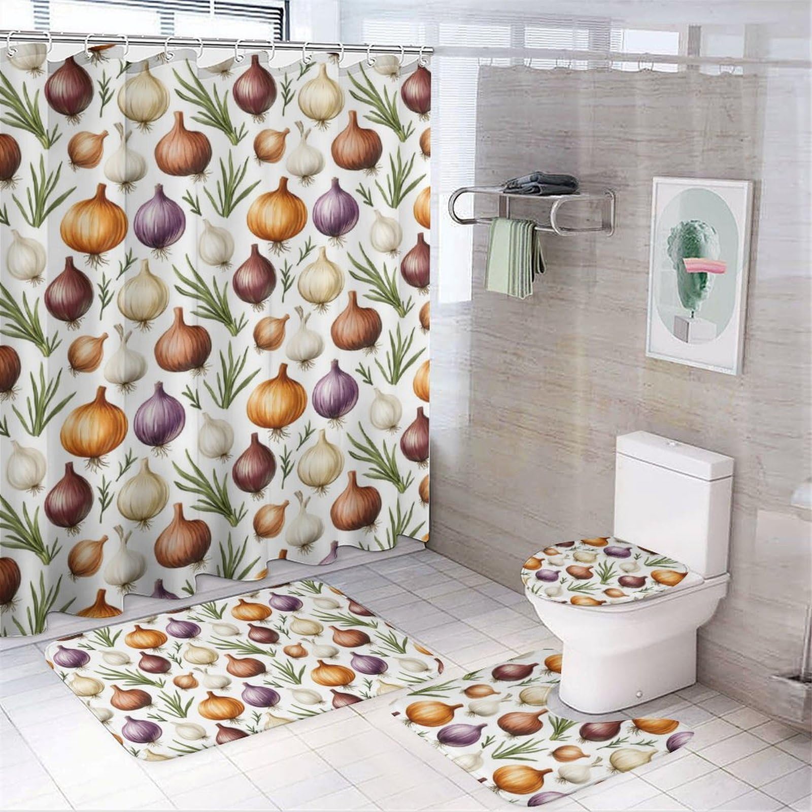 Juego de 4 piezas de baño con cortina y alfombras antideslizantes para evitar salpicaduras