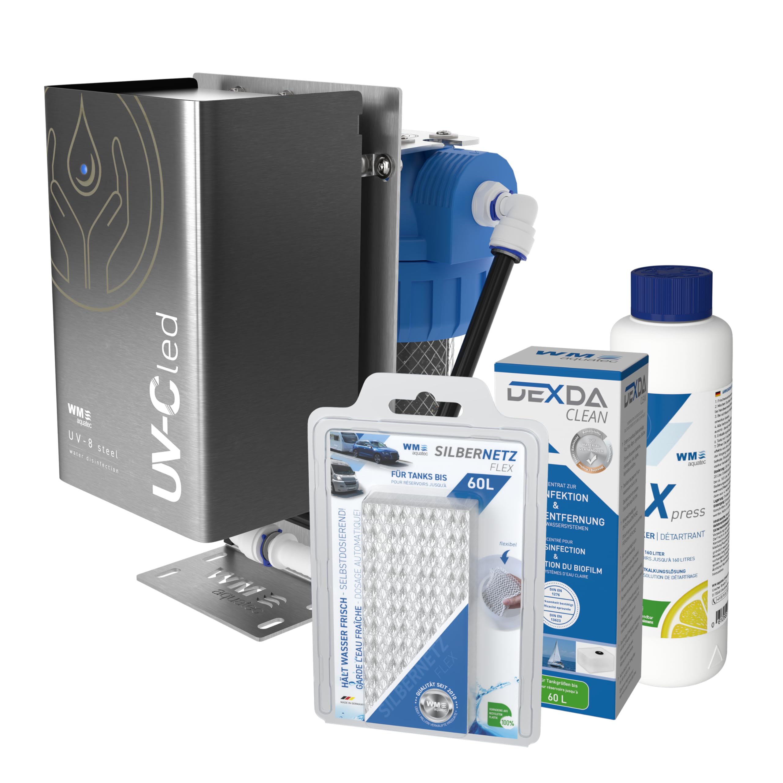 WM aquatec UV-8 steel KLW60 | Komplettlösung Wasserhygiene für Wohnmobile, Caravans & Boote | Frischwassersystem-Pflege mit Aktivkohlevorfilter & UV-C LED Desinfektion | Made in Germany