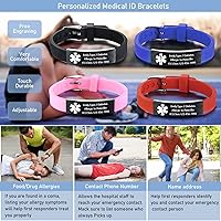 Vista 2 de VNOX - Pulseras de identificación y alerta médica para hombres, mujeres y niños, con grabado, malla ajustable de acero inoxidable, para emergencias