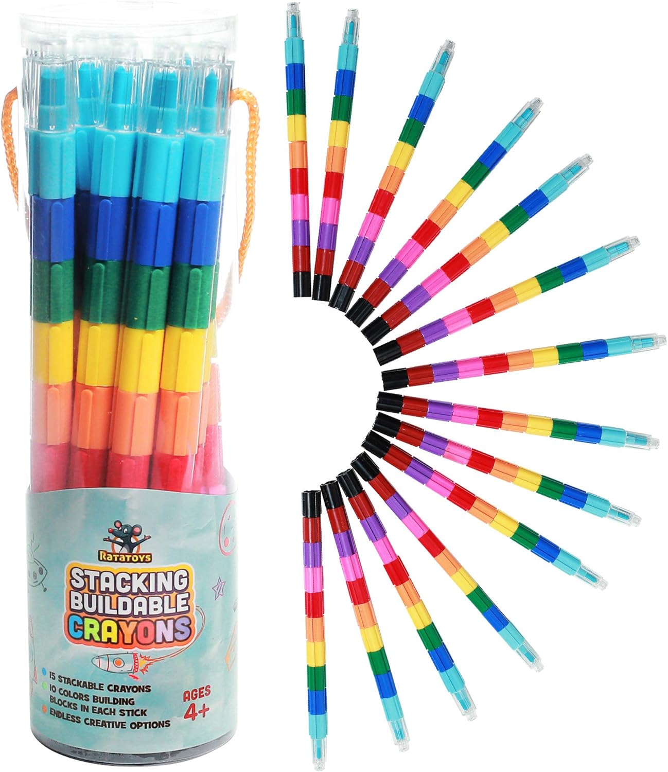 Stacking Crayons, 15 pc Set, Buildable and Stackable for Drawing, Coloring, or Arts and Crafts, Large Preschool Friendly Connect Pieces, Party Favor and Classroom Fun