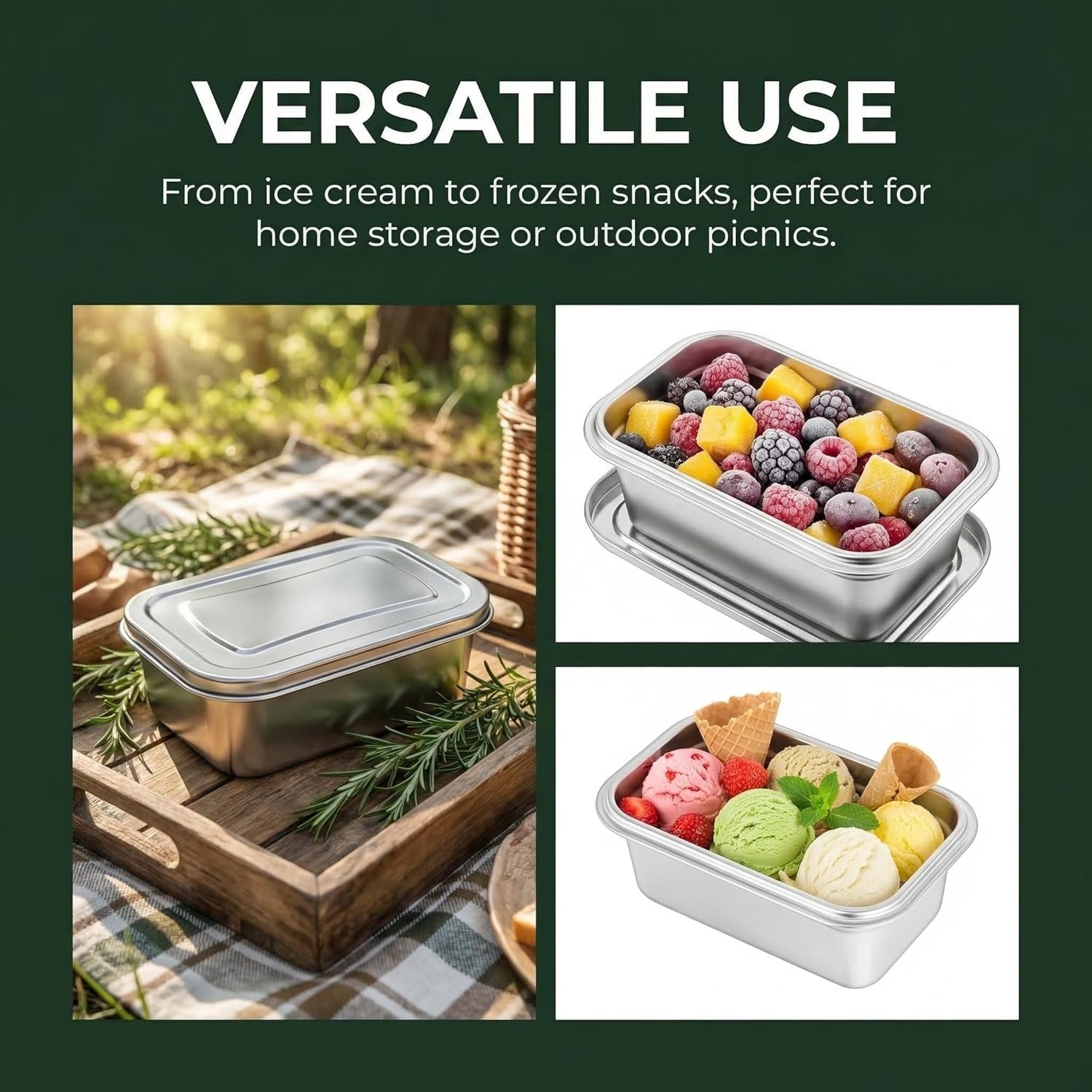 2Pcs Stainless Steel Ice Cream Containers, 40 oz Small Homemade Ice Cream Tubs Freezer Storage with Lids, Reusable Sorbet & Gelato Keeper for Kitchen Use and Dessert Food Preservation