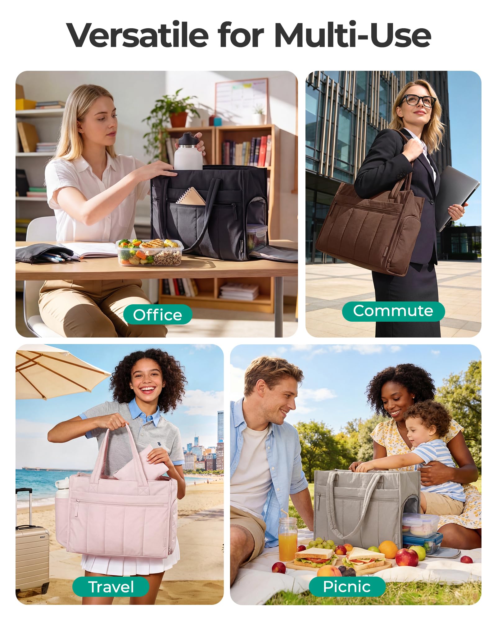 bagsmart Torebka damska, torba robocza z izolowaną kieszenią chłodzącą, torba buforowa, torba na laptopa o przekątnej ekranu 15,6", aktówka, torba nauczycielska, torba na lunch, duża, lekka torba na