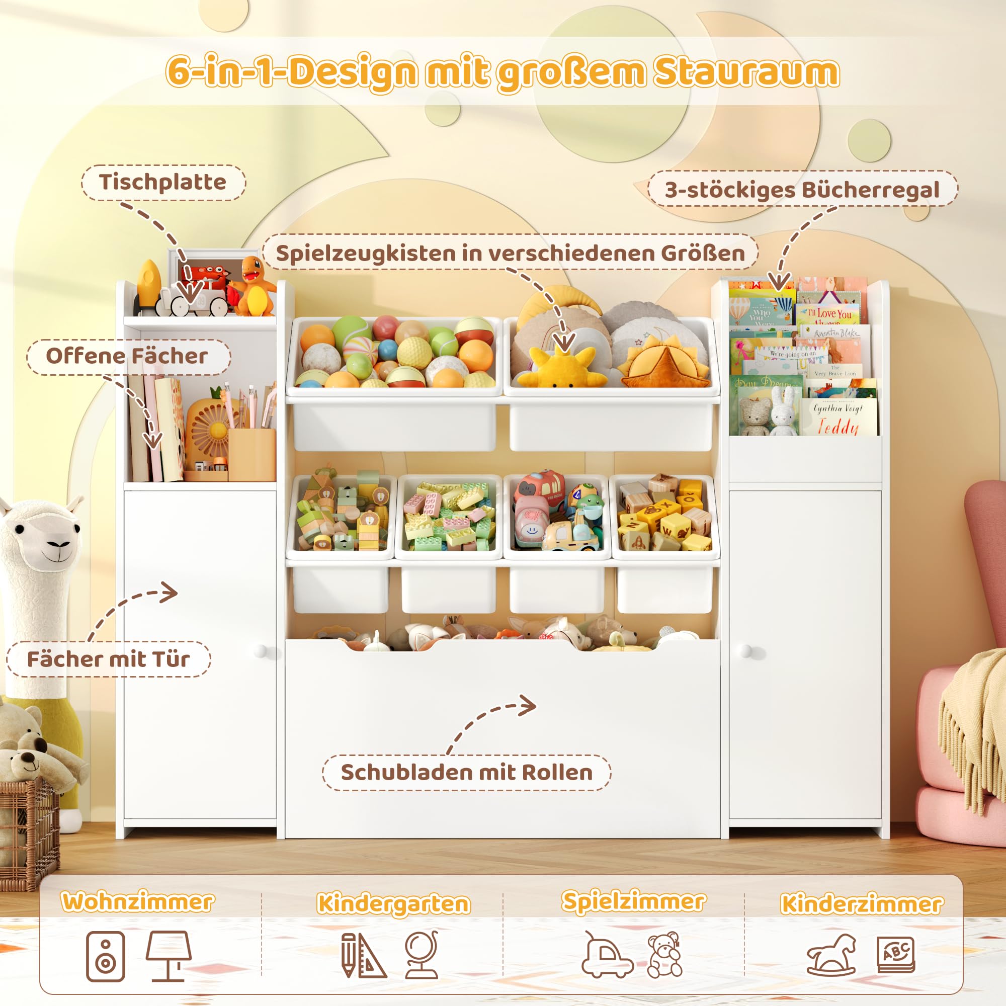 FOREHILL Kinderregal mit 7 Boxen, Kinderzimmer Möbel, Bücherregal Kinder | Kinderregal, Spielzeug Aufbewahrung, Kinderschrank mit spielzeugkiste, Kinderzimmer, Kindergarten, Leseecke 138x30x94cm
