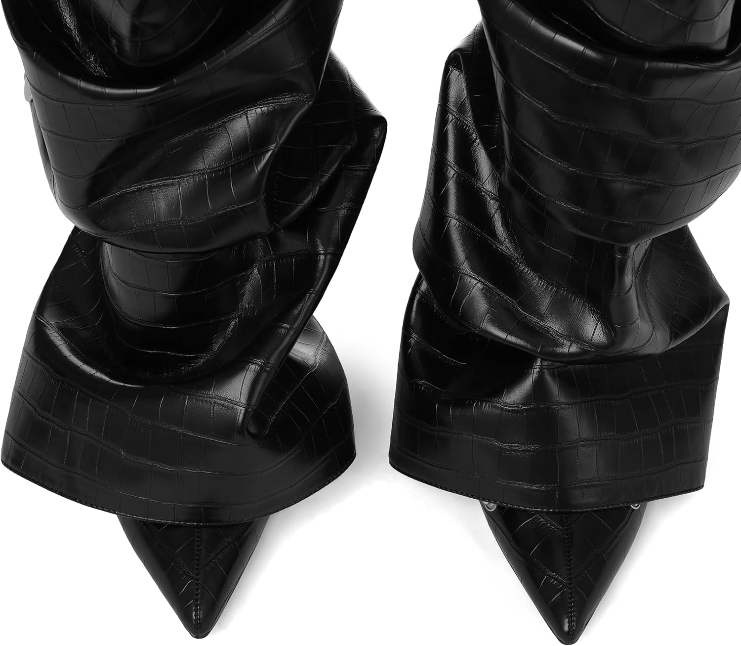 Women's Knee High Matte Faux Leather Pointed Toe High Heels Boots Ruched Stiletto Wide Calf Zipper Slouchy Dress Boots