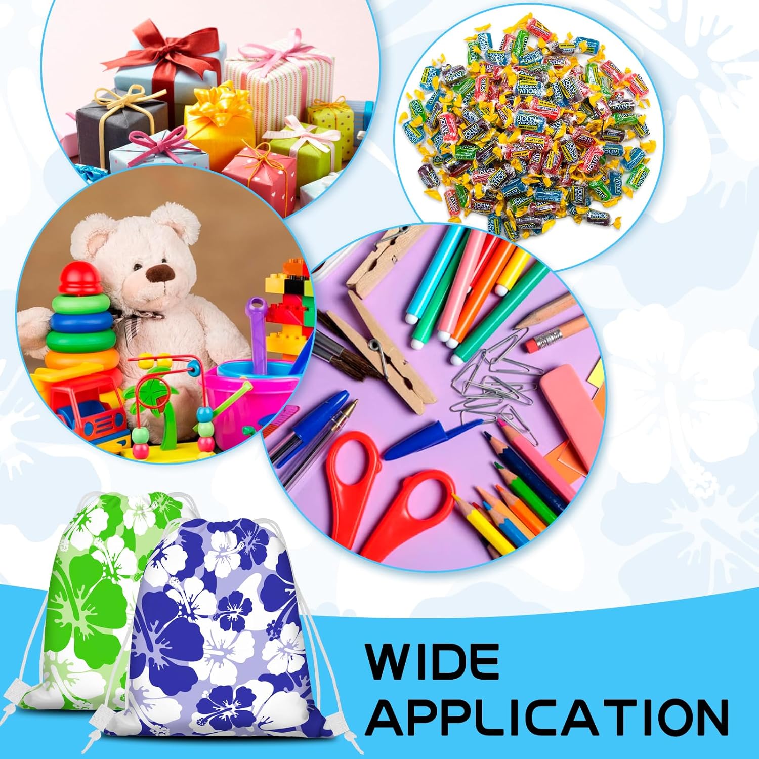 KERINGO 18 PCS Hibiscus Party Favor Hawaiian Themed Drawstring String Bag Backpack Summer Tropical Gift Tiki Luau Treat Hawaii Goodie Bags Kids Birthday Party Supplies - Image 4