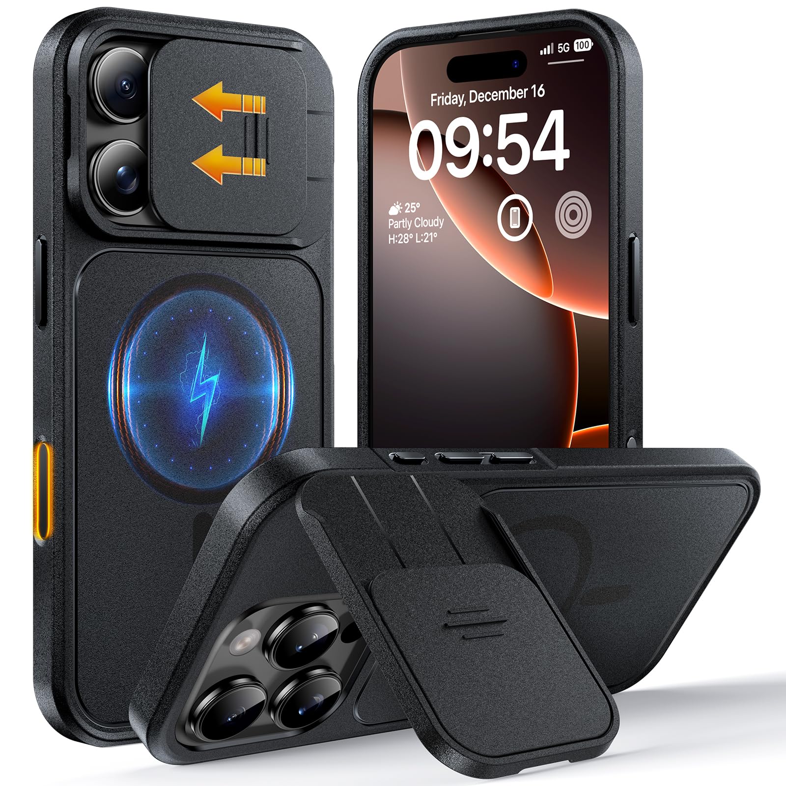 TOCOL for iPhone 16 Pro Case with Slide Camera Cover, Kickstand and Camera Control Button, Fit for MagSafe, Rugged Solid Phone Case, Non-Slip, Drop Protection, Black
