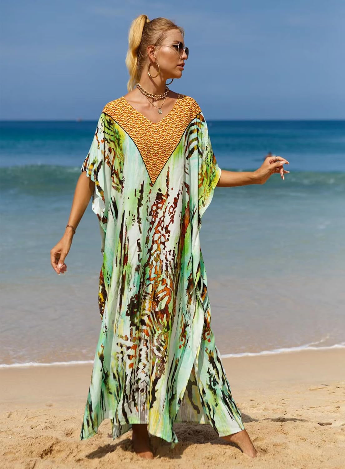 Women's V-Neck Batwing Sleeve Kaftan Dress Lightweight Beach Swimwear Cover Up for Mumu Tropical Vacation - Image 6