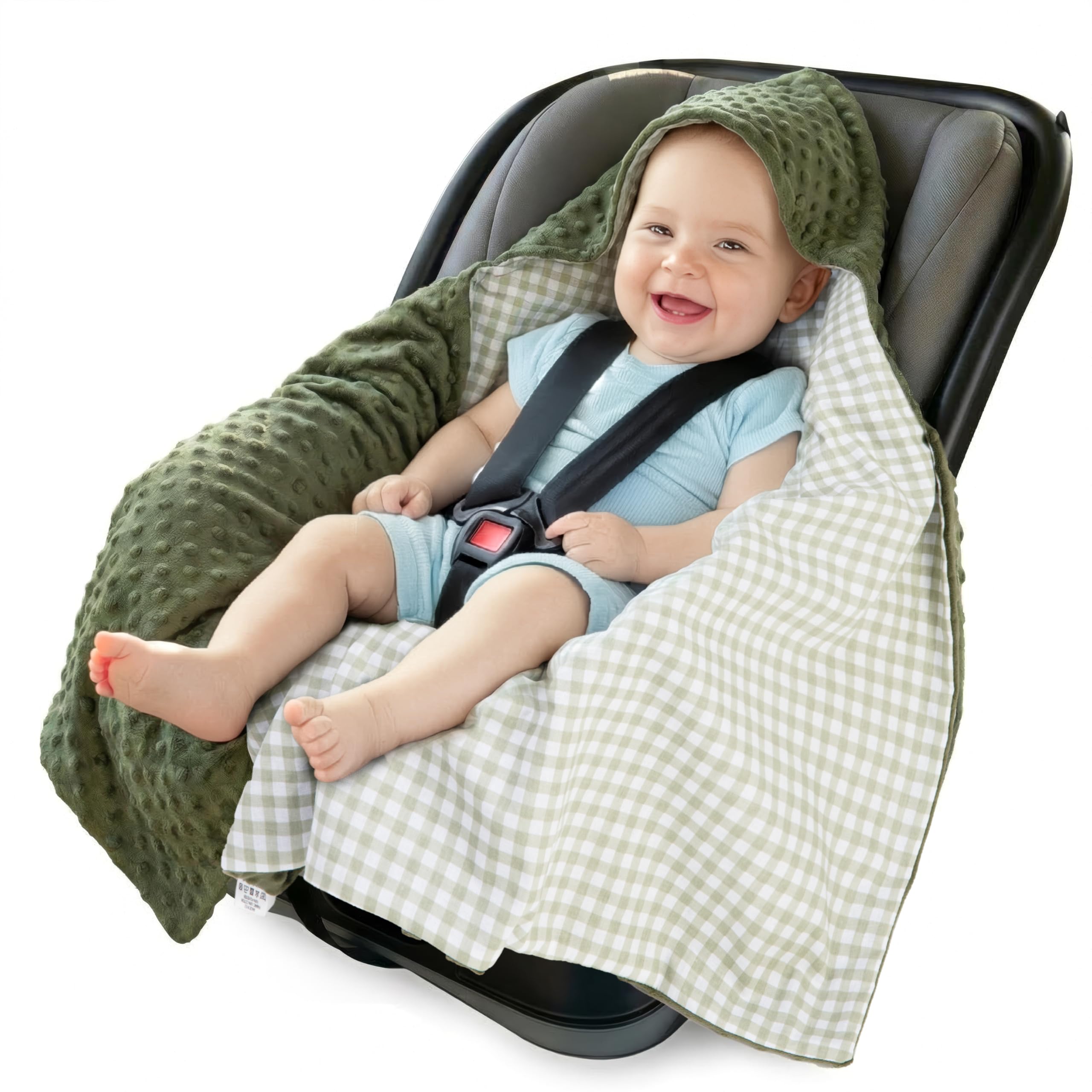 Medi Partners Grid With Olive Plush Swaddling Blanket 100% Cotton 85X85cm Double-Sided Multifunctional Plush Blanket With A Hood For Pushchairs Soft Fluffy (Grid With Olive Plush)