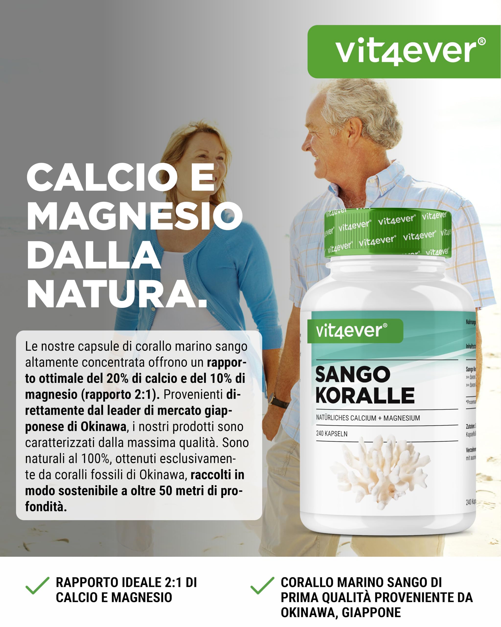 Corallo marino di Sango - 240 capsule (3 mesi) - 660 mg di calcio e 330 mg di magnesio - Fonte naturale di calcio e magnesio - Dosaggio elevato