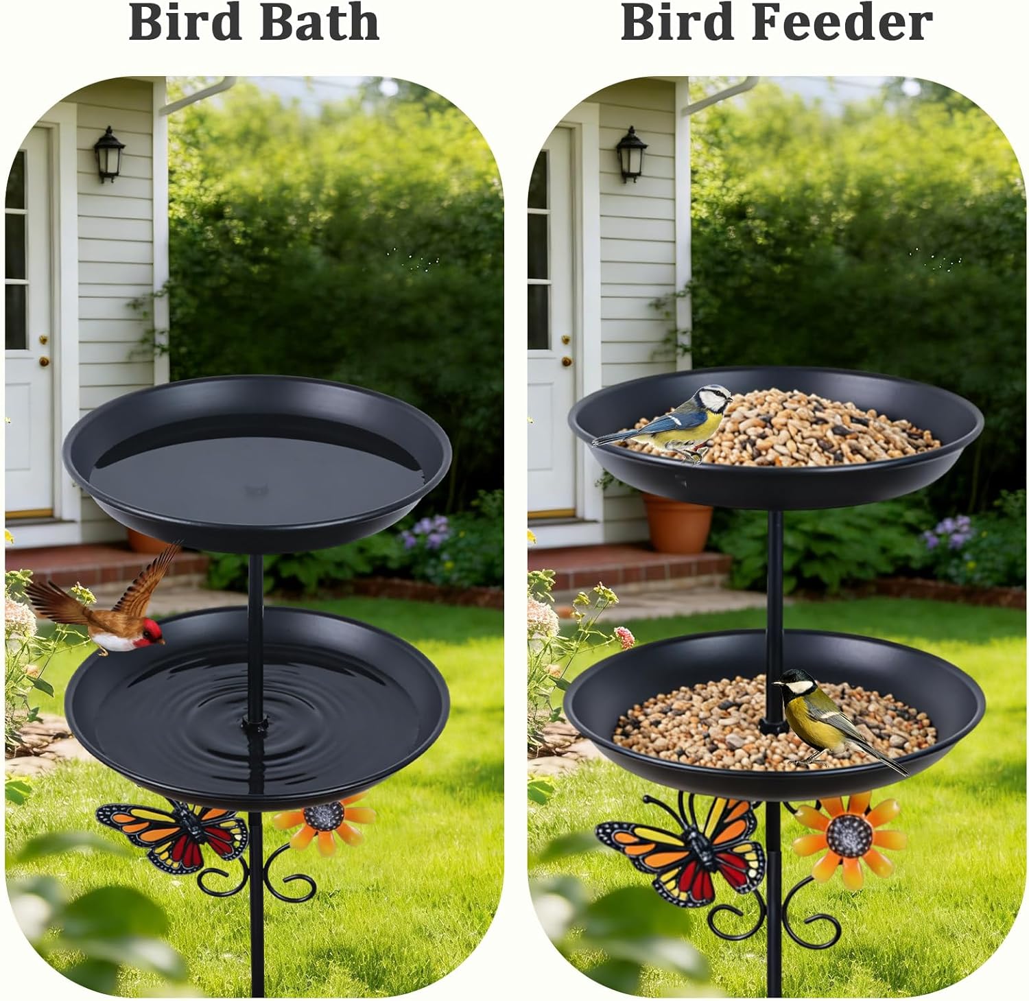 hogardeck 2-in-1 Vintage Freestanding Bird Bath & Feeder, Double Metal Layers Birdbath with Upgraded 5-Pronged Sturdy Base, Outdoor Decor for Garden Patio Yard Lawn, Black