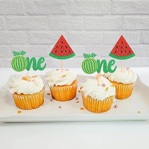 Miniatura 5 de Ercaio - Paquete de 24 piezas de decoración para cupcakes de sandía con purpurina uno en un melón, selecciones de sandía para magdalenas, temática