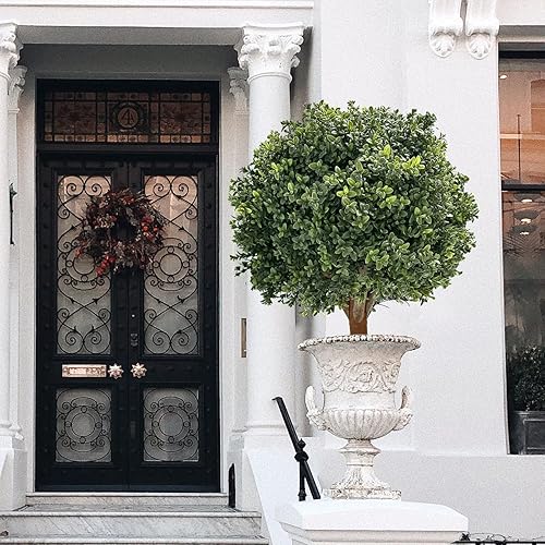 Miniatura 6 de Juego de 2 arbustos artificiales en maceta resistentes a los rayos UV, árbol de bola artificial de boj de 24 pulgadas, para interior y exterior,