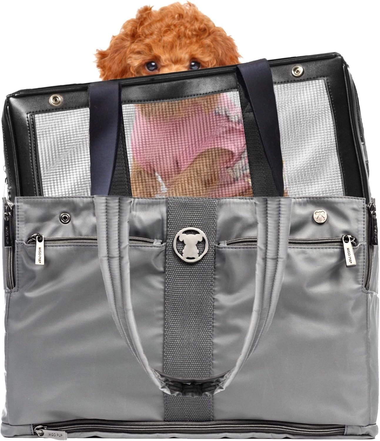 Grey Timeless Interchangeable Airline Approved Pet Carrier Combo with Pockets for Small Dogs (Pet Carrier Base & Shell Tote)