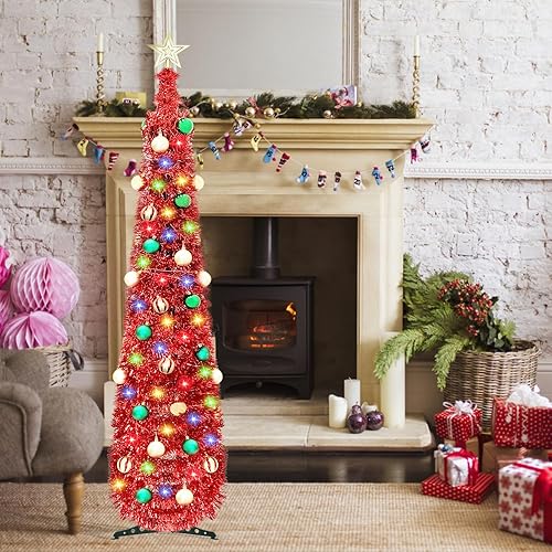 Miniatura 3 de Árbol de Navidad artificial de 5 pies con 100 luces de color, árbol de lápiz artificial brillante con estrella de bola para decoración de Navidad en