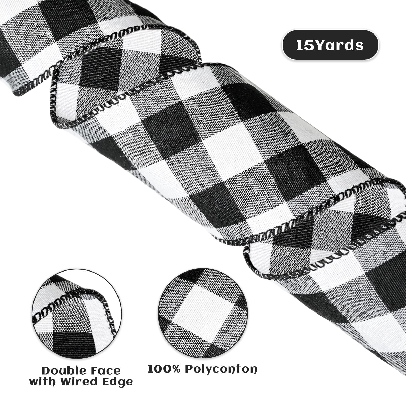 Gingham-Karo-Band, 6,4 cm x 13,7 m, mit Draht, schwarz-weiß, Gingham-Band, für Bastelarbeiten, Geschenkverpackungen, Baumdekoration, Kranz, Outdoor-Dekoration
