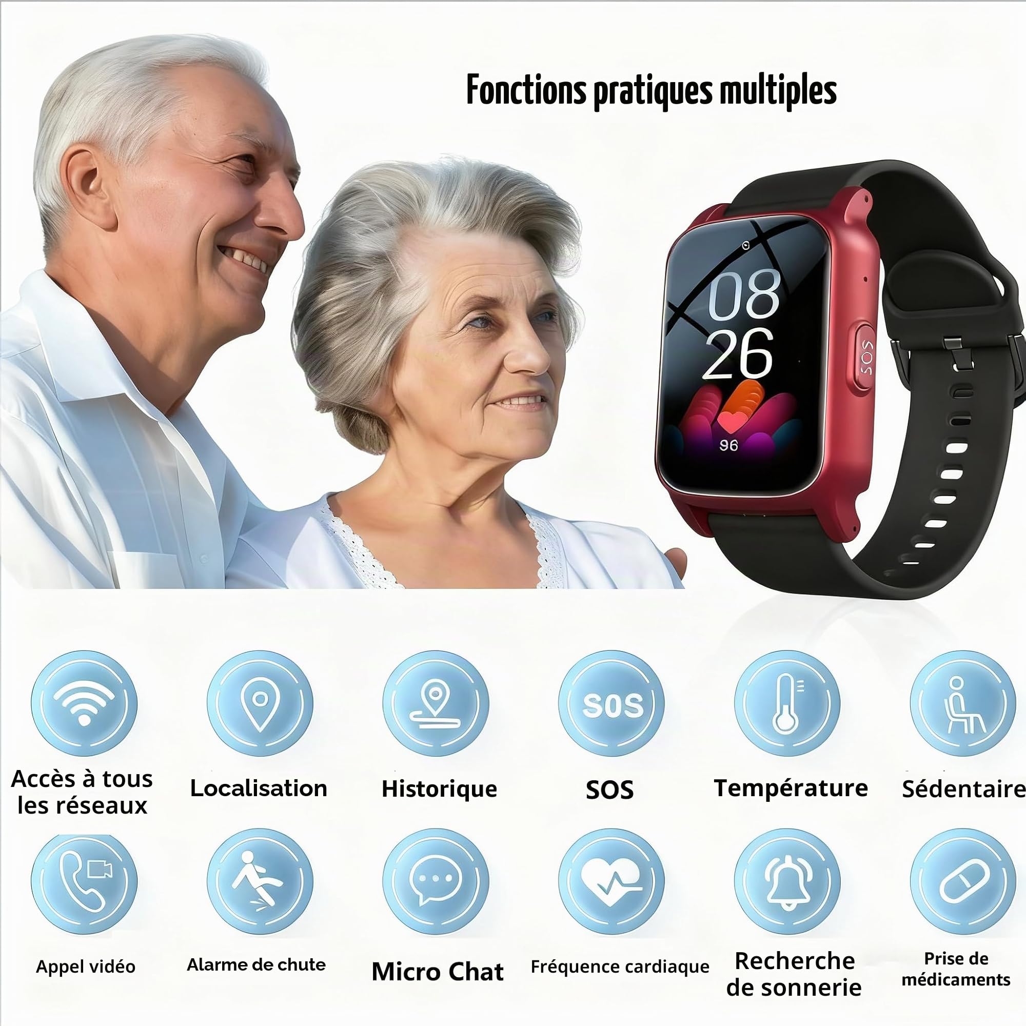 Montre intelligente avec détection de chute pour senior avec appel SOS et GPS, montre de sécurité pour personnes âgées pour homme et femme, bracelet d'alerte d'urgence pour Thanksgiving, Halloween