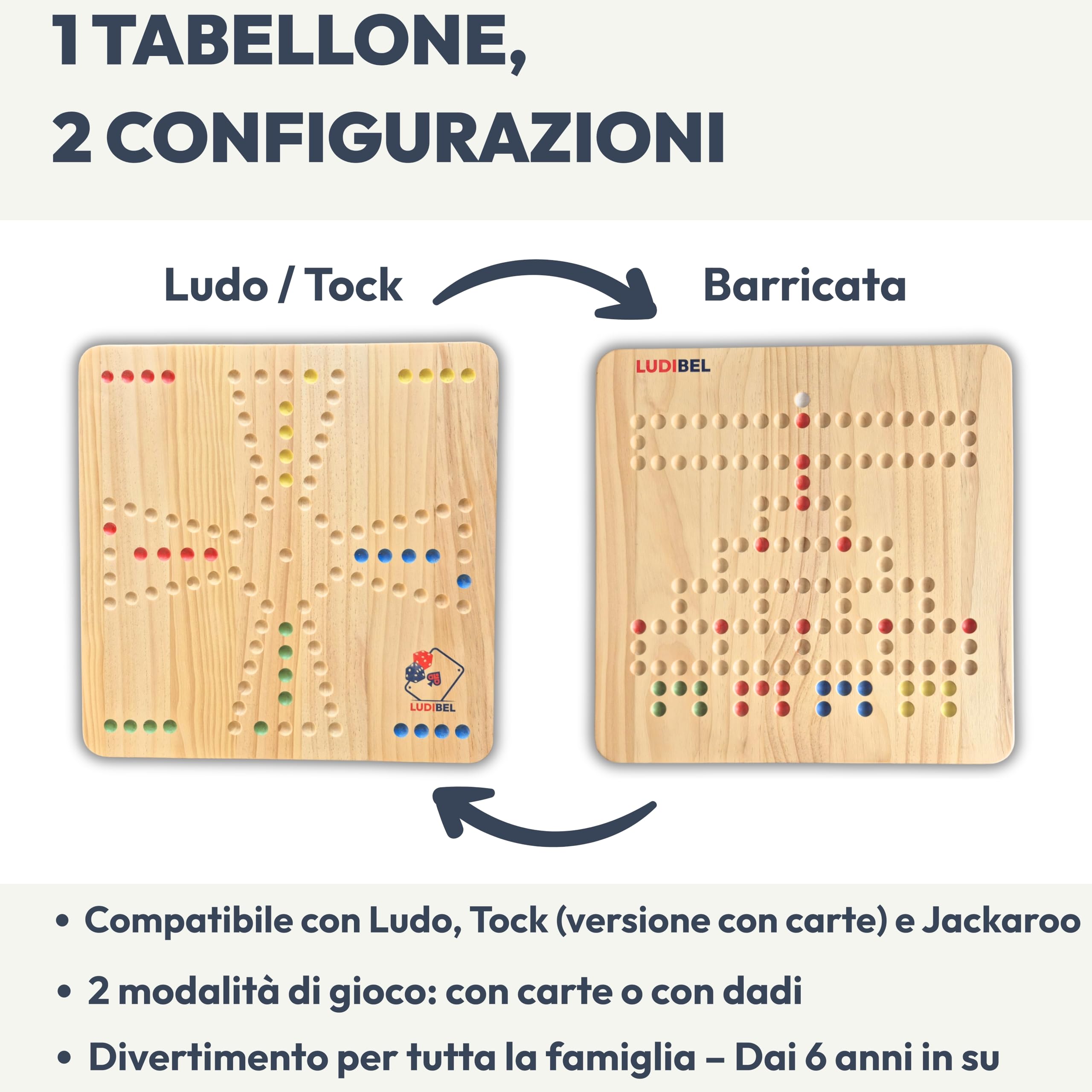 Gioco di Ludo e Barricata in Legno XL 4 Giocatori – Tabellone Reversibile 40x40 cm in Legno Massello di Pino – Compatibile con Tock e Jackaroo – Include Carte, Biglie in Vetro e Dadi