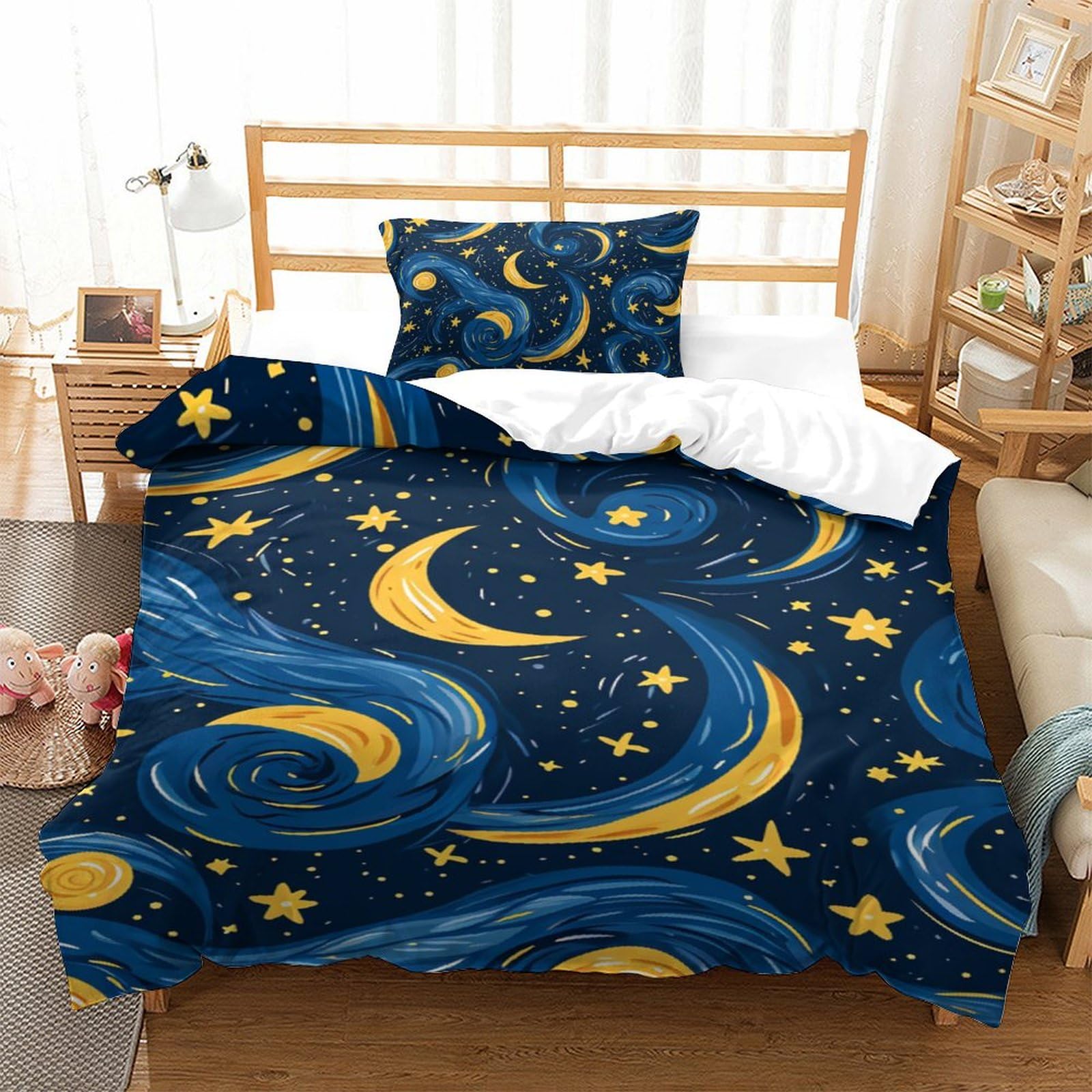 Gxyuaoief Style-5 Stars And Moon Duvet Cover Sets 3 Pcs Hotel Quality Quilt Cover Bedding Set Bed Covers With Pillowcases With Zipper Closure Hypoallergenic Soft Breathable Microfiber Single（135X200cm）