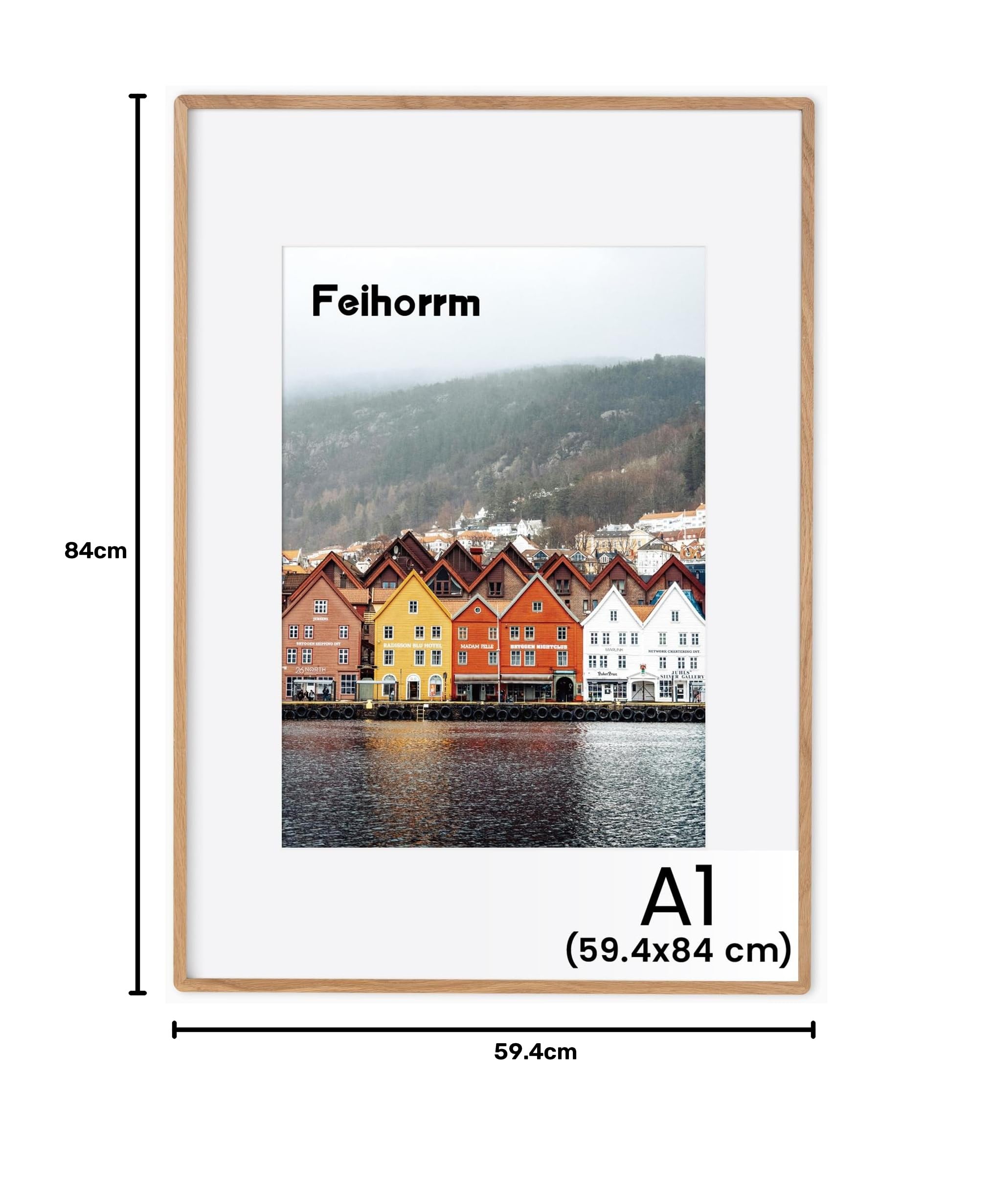 Feihorrm Cornice portafoto in legno massiccio, Cornice per foto A1 in rovere, con vetro temperato, per foto 59,4x84 cm senza passepartout o foto 41x58,4 cm con passepartout (Beige, A1 (59,4x84 cm)/ 1x