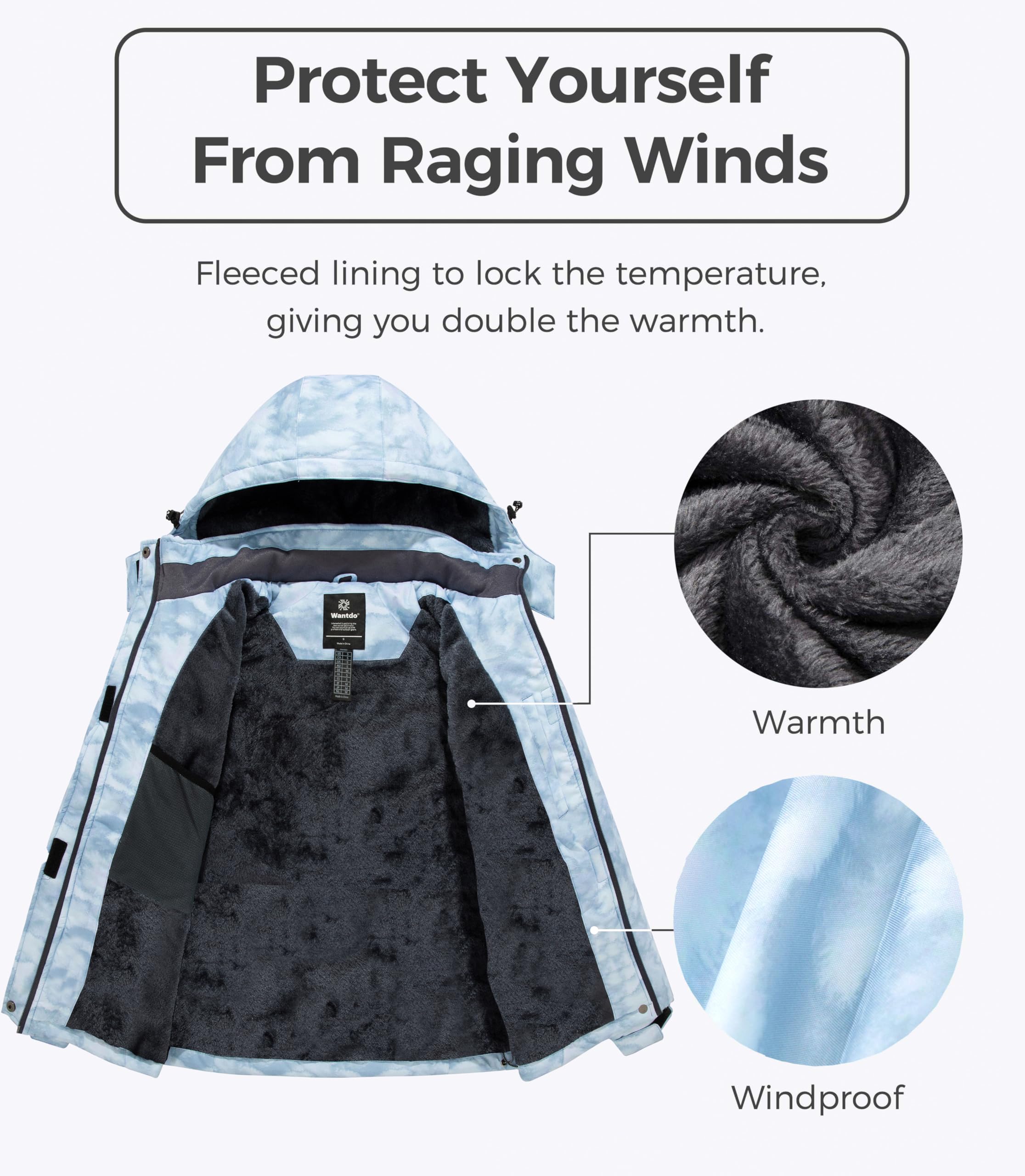 Wantdo Damen Skijacke Fleece Kapuze Winter Windbreaker Jacke | Wasserdicht,Winddicht,Warm Gefüttert, Brusttasche,Verstellbare Bündchen, Damen Wintermantel,Outdoor,Snowboard,Wandern,Berg