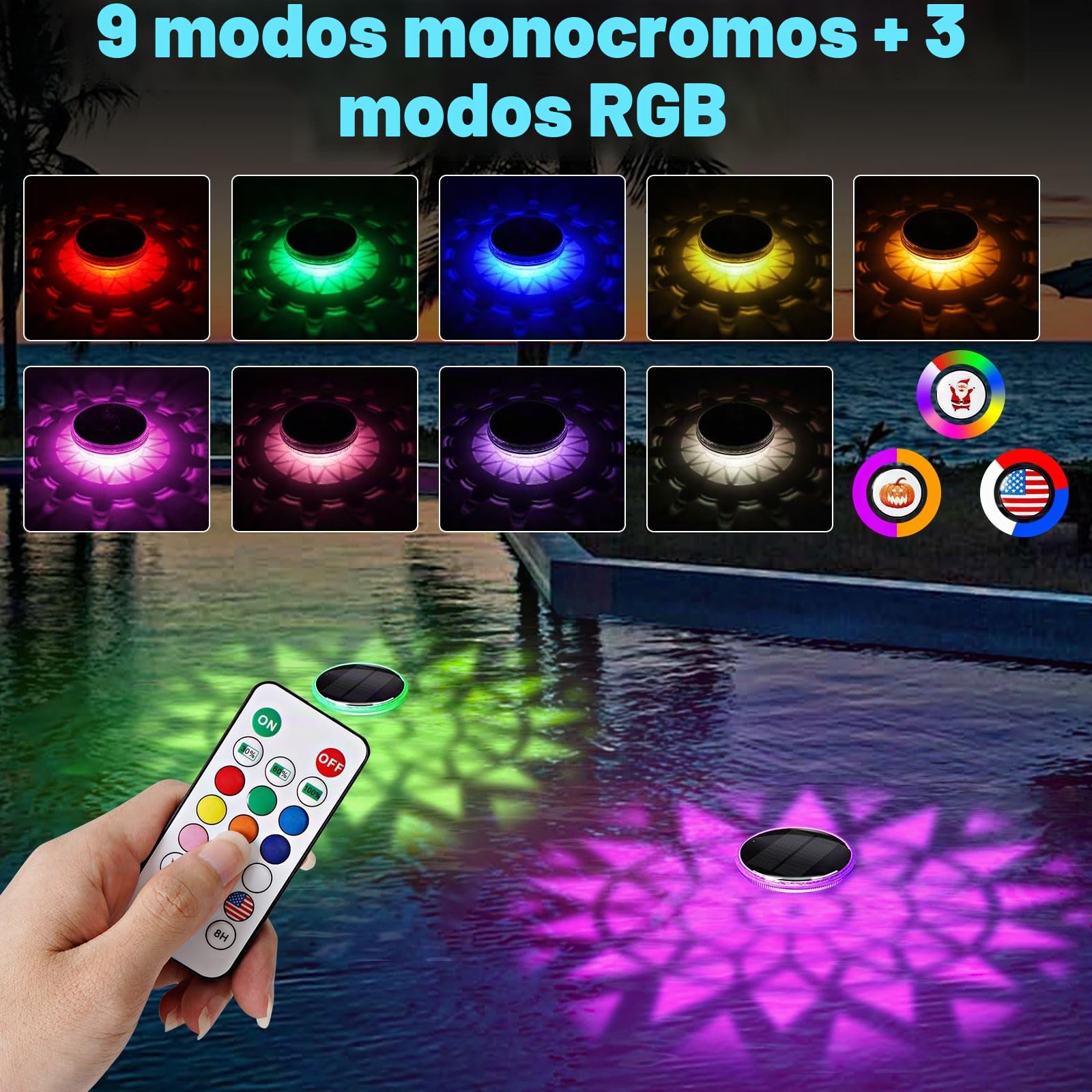 2 luces Luces Solares Subacuáticas para Ppiscina con Control Remoto, Paquete de Flotantes para Piscina 12 Modos de Color, Temporizador, Luces Flotantes para Piscina, Bañera, Acuario, Jardín
