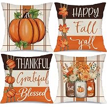 Happy Fall Y'all Pumpkin Striped Throw Pillow Covers 18x18 Set of 4 Thankful Grateful Blessed Autumn Leaves Floral Mason Jar Harvest Thanksgiving Cushion Case Decorations for Sofa Couch