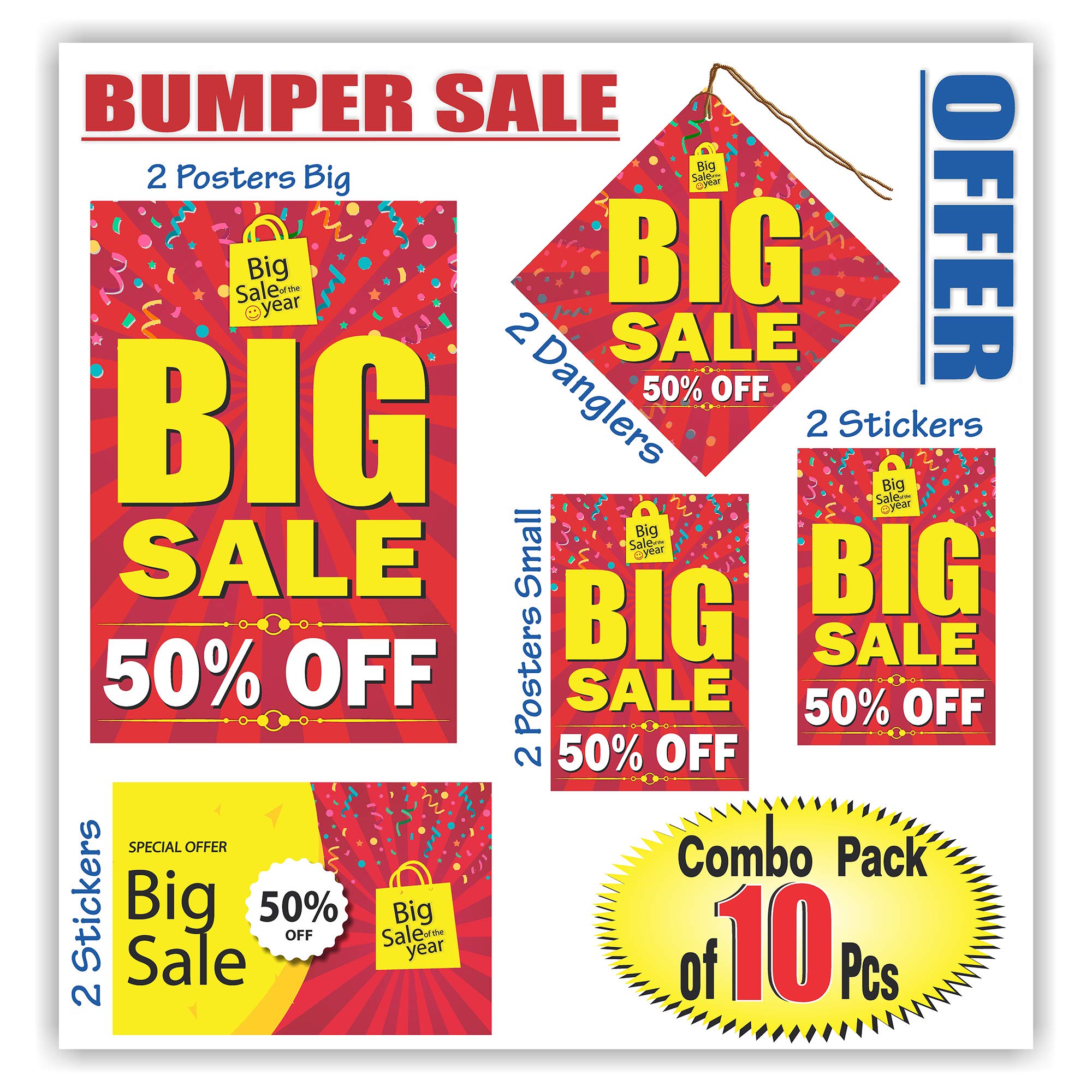 Anne Print Solutions® Combo of 13 Big Sale 50% Off Stickers Hanging Danglers Posters Discount Sale Offer Sale Tag Poster Stickers for Shops Malls Shopping Complex