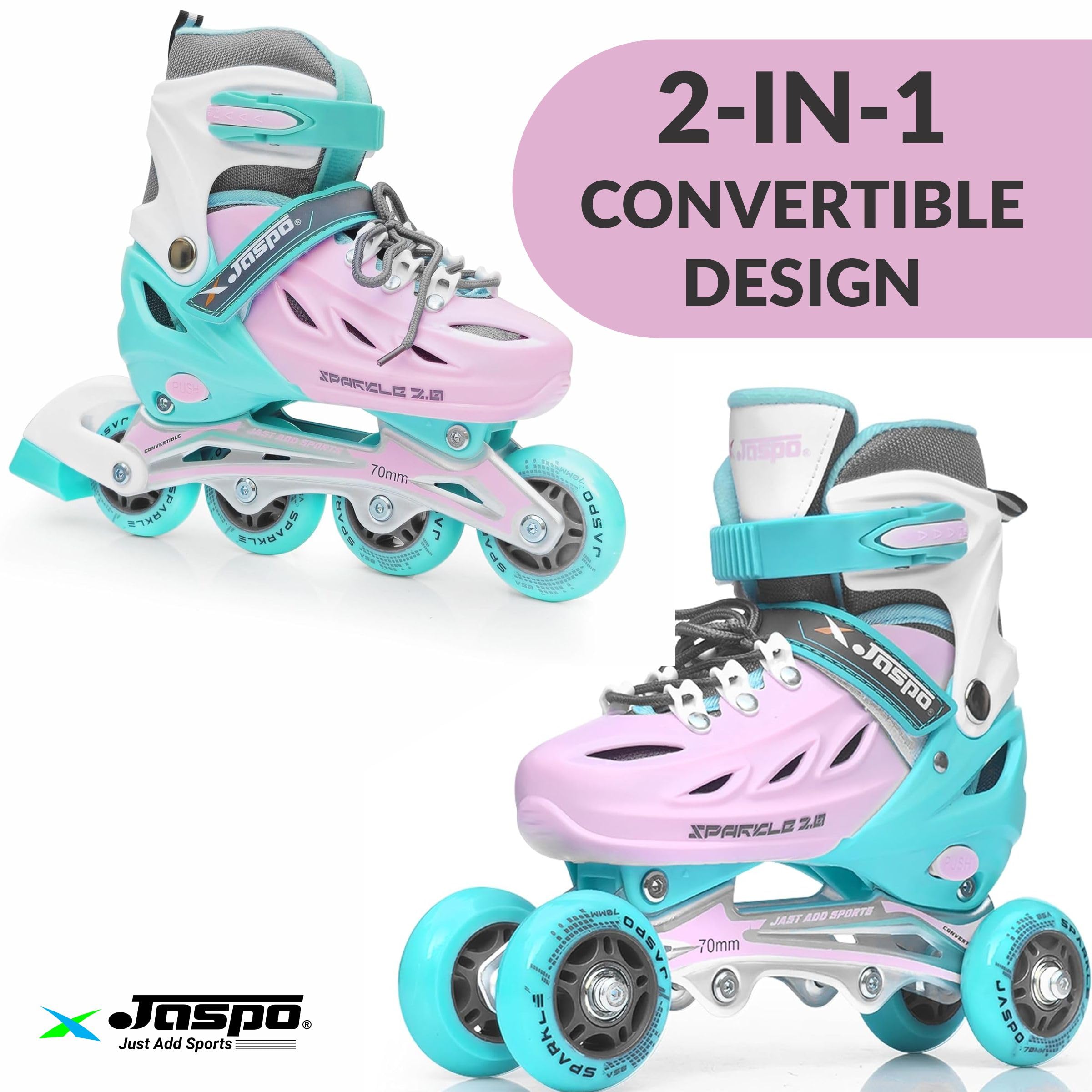 Jaspo Sparkle 2.0 Convertible Adjustable Inline Quad Roller Skates, 2-in-1 Design,Aluminium Chassis, 70Mm Pu 85A Wheels, PVC Shoe, Breathable Mesh-for Kids Youth Pink Green, L
