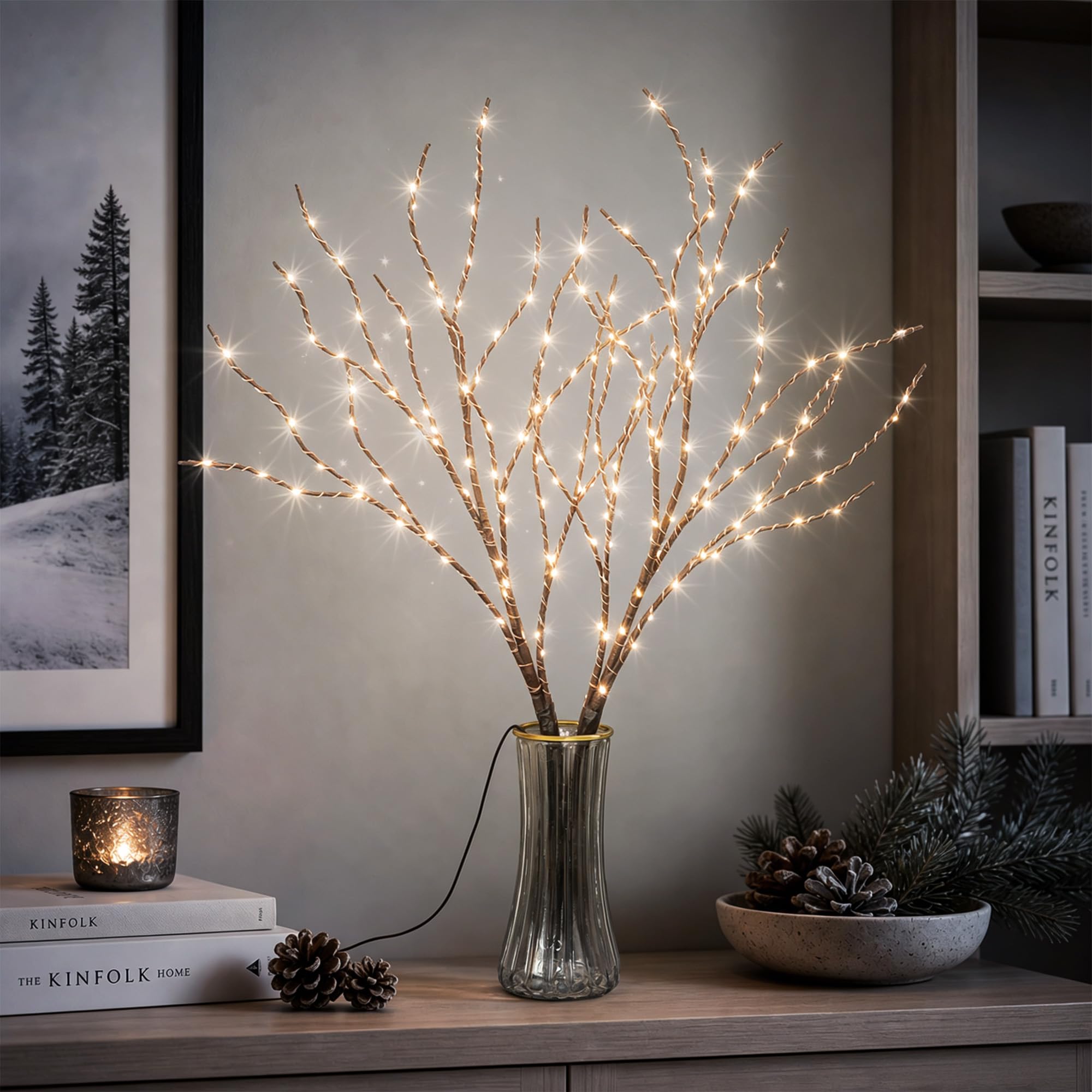 200 LED Batteriebetriebene und USB-betriebene Zweiglichter für Vasenfüller, künstliche beleuchtete Weidenzweige Braun beleuchtete Zweige für Weihnachten Wohnkultur und Innendekoration