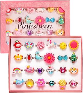 PinkSheep Little Girl Jewel Rings in Box, Adjustable, No Duplication, Girl Pretend Play and Dress Up Rings (24 Lovely Ring)