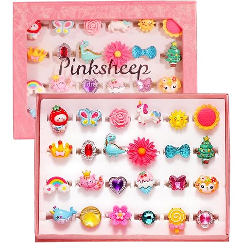 PinkSheep Little Girl Jewel Rings in Box, Adjustable, No Duplication, Girl Pretend Play and Dress Up Rings (24 Lovely Ring)
