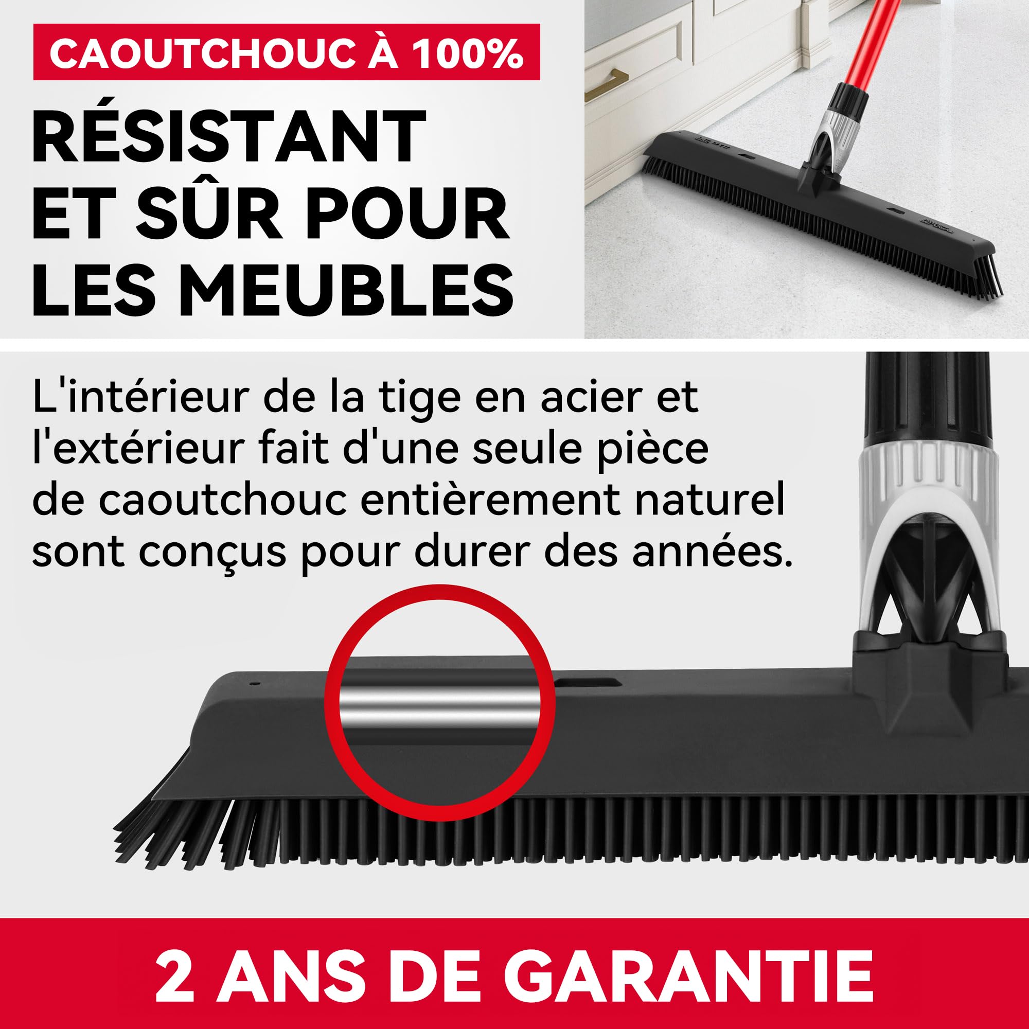 Tyroler Balai Caoutchouc & Raclette Sol | Tête De 41 cm Balai Bross Poils Animaux | Manche Anti-Rouille en 4 Parties de 140 cm pour Balais Coiffeur Caoutchouc Professionnel | Balais Nettoyer Sol