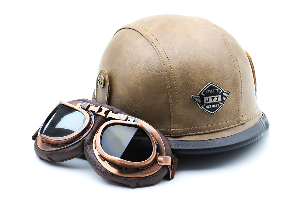 Yesmotor Motorcycle Half Helmet Retro German Handmade Leather Half Face Quick Release Buckle & Goggles
