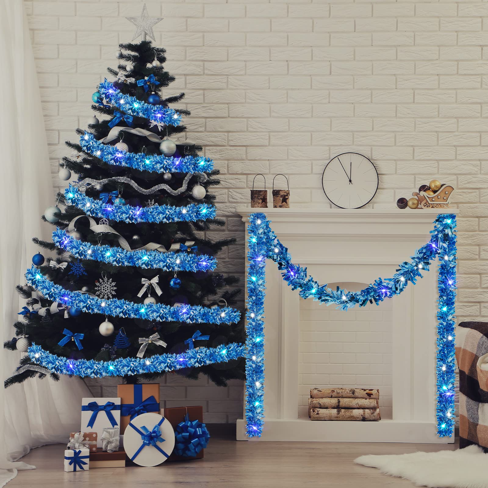 Hotop Guirnalda de oropel de 39.5 pies, guirnalda iluminada de Navidad, guirnalda metálica con purpurina LED con 180 luces para interiores y exteriores, decoraciones de Navidad de invierno (azul)