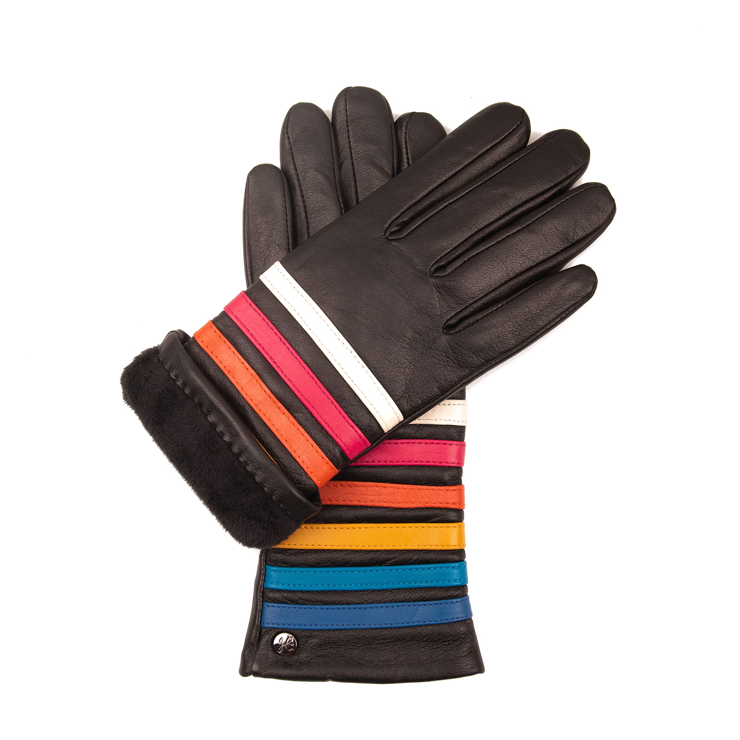 Ms PRIDE - Hochwertige Damen Lederhandschuhe gefüttert, Touchscreen Bedienung, Regenbogen Muster auf Handrücken, Lammnappa, Glattleder