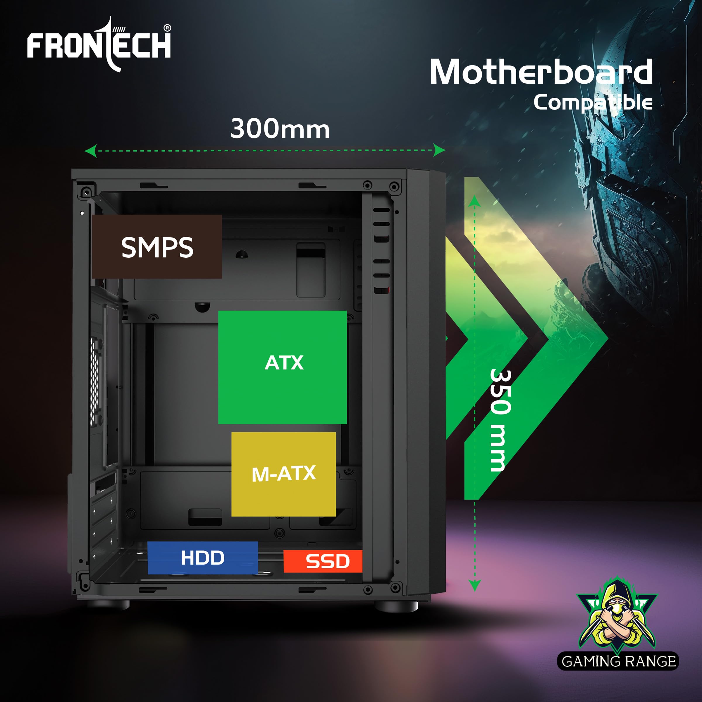 FRONTECH Gaming Computer Cabinet/Gaming Computer Case Warrior with 1 x 80 mm LED Fan and Acrylic Side Glass Panel, 2XUSB 1.0, 1XUSB 3.0, Front Audio (FT-4345) — Amazon image 6